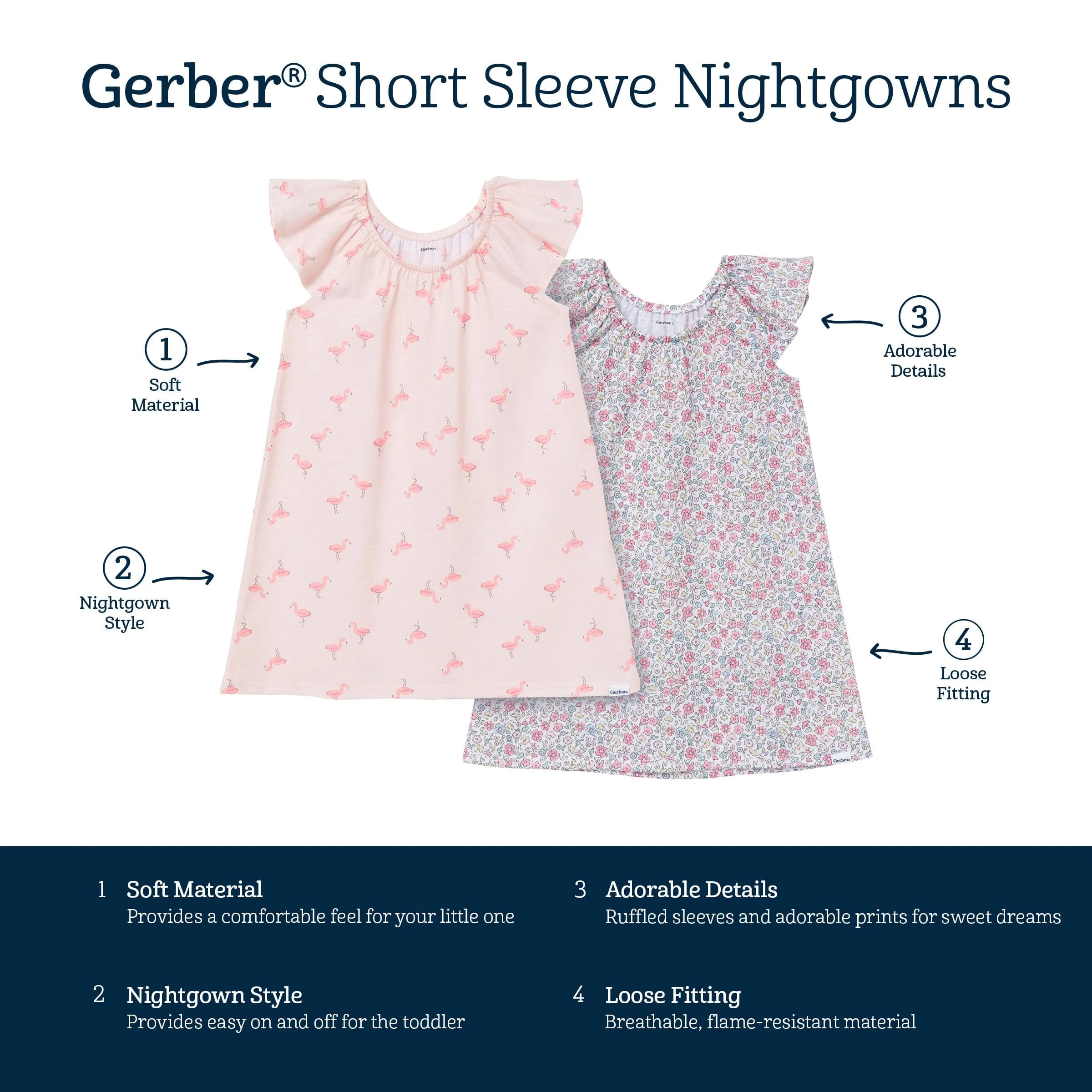 2-Pack Toddler Girls Flamingoes Short Sleeve Nightgowns