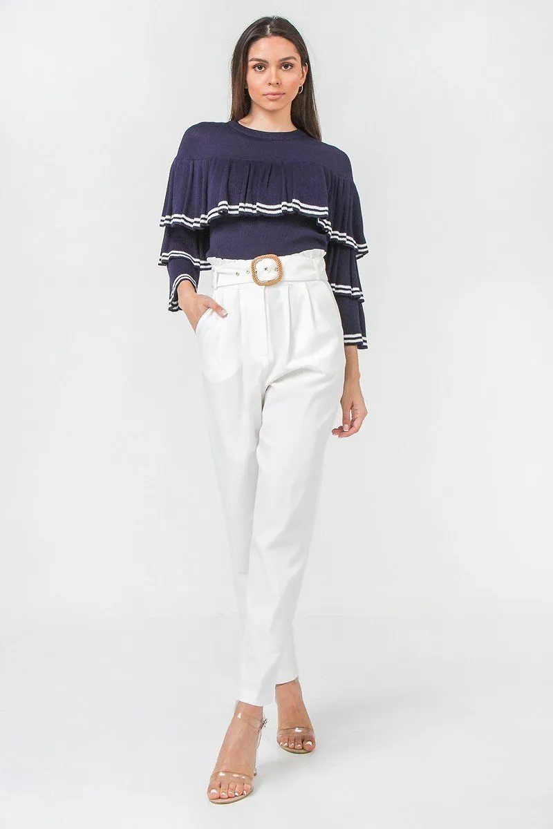 A Solid Pant Featuring Paperbag Waist With Rattan Buckle Belt