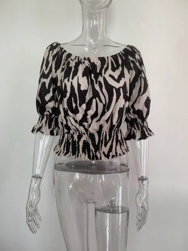 Abstract Print Off-Shoulder Half Sleeve Blouse