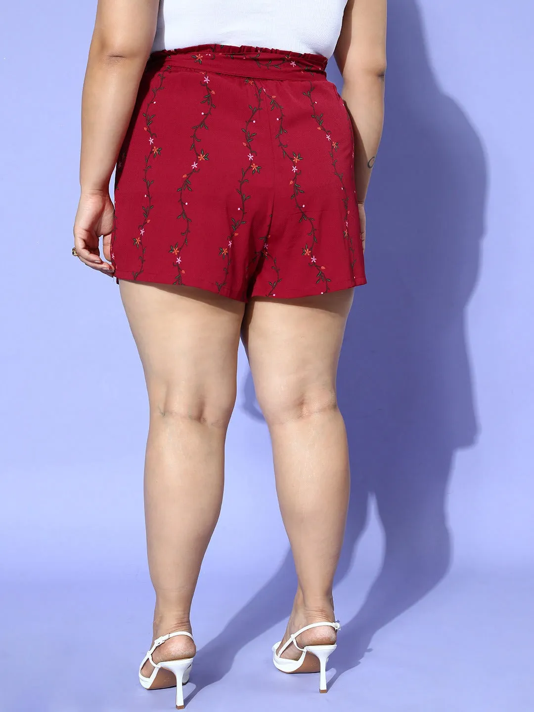 Berrylush Women Plus Size Maroon Floral Printed Front Tie-Up High-Rise Paperbag Waist Crepe Pleated Mini Shorts