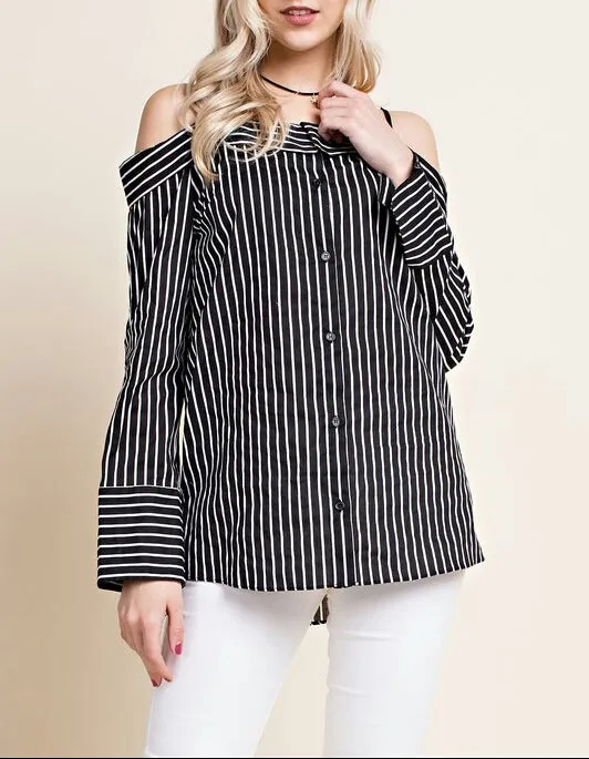 Black And White Stripe Off The Shoulder Blouses