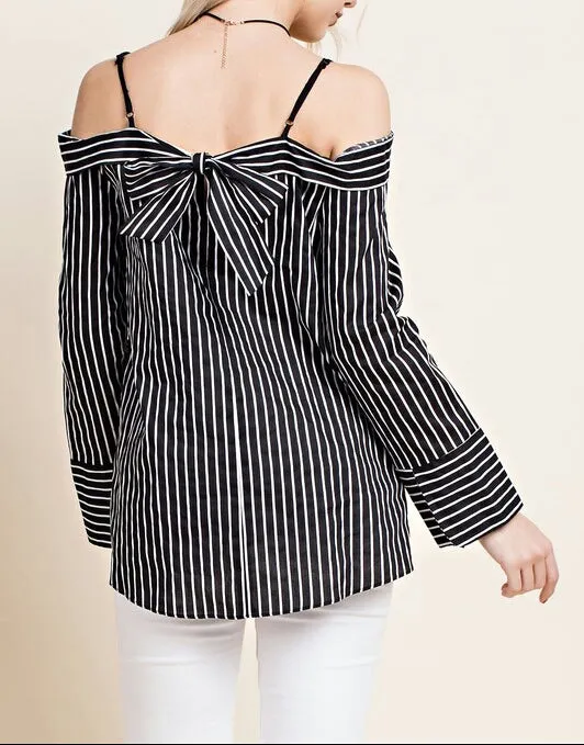 Black And White Stripe Off The Shoulder Blouses