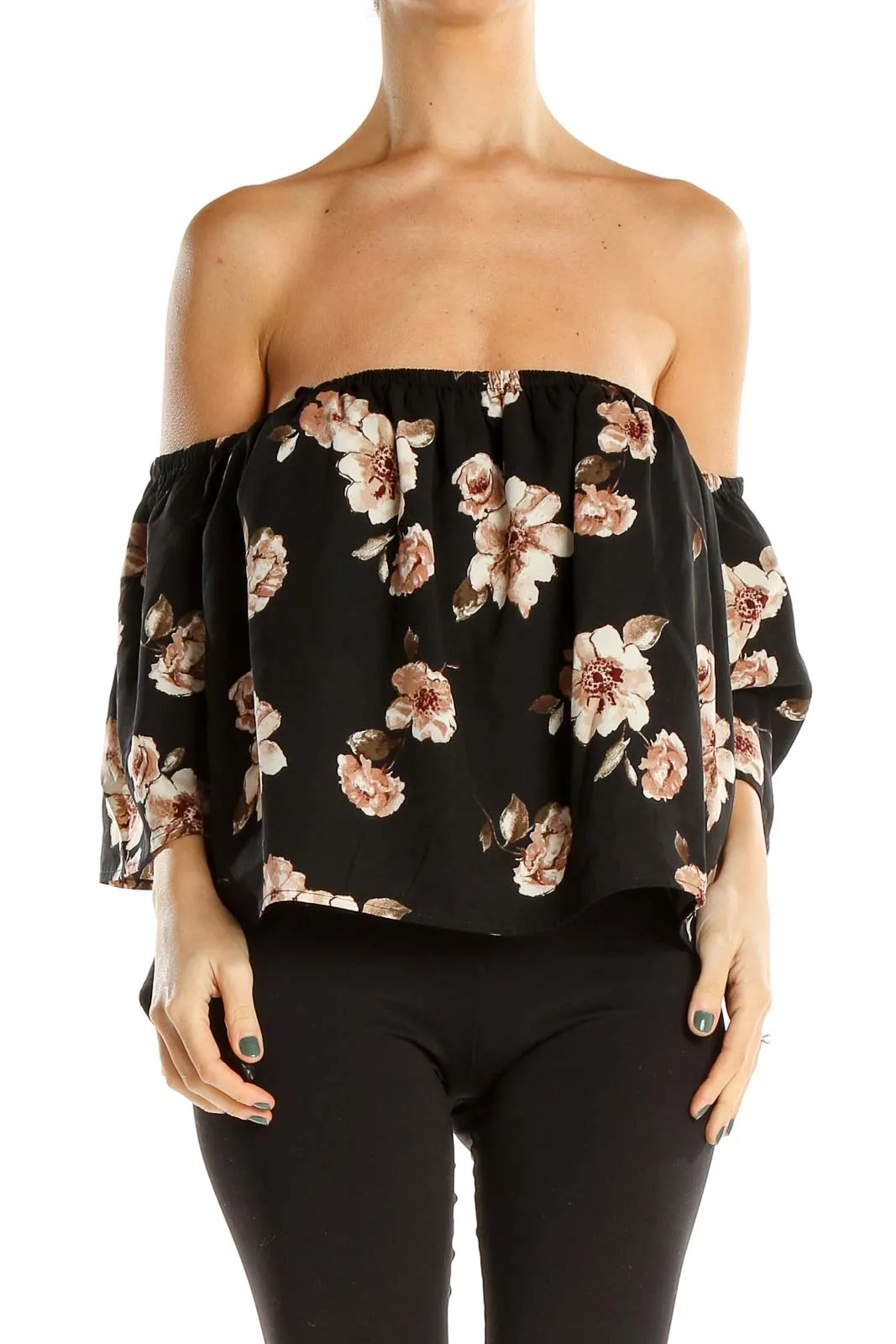 Black Floral Print Off The Shoulder Holiday Top