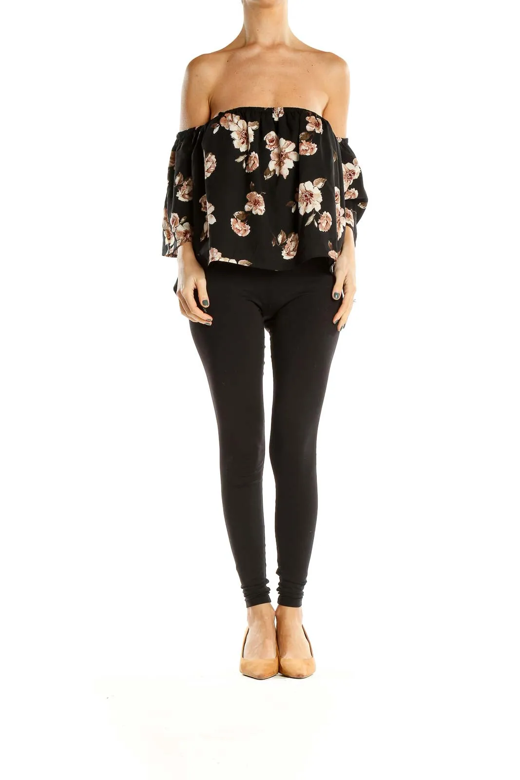 Black Floral Print Off The Shoulder Holiday Top