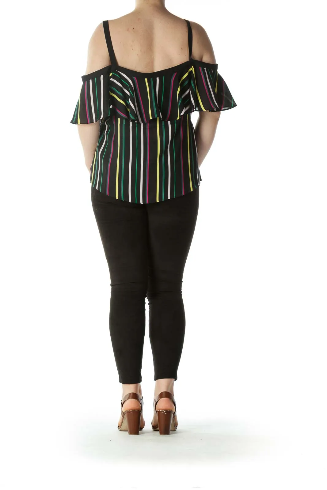 Black Multicolor-Striped Off-The-Shoulder Blouse with Spaghetti Straps