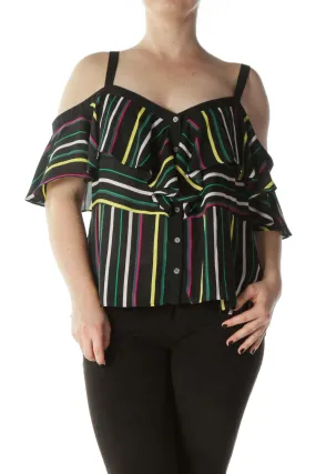 Black Multicolor-Striped Off-The-Shoulder Blouse with Spaghetti Straps