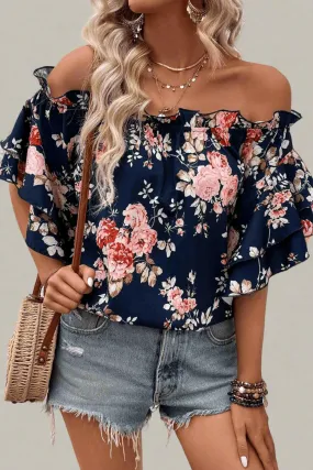 Blue Ruffle Off Shoulder Flounce Sleeve Floral Blouse