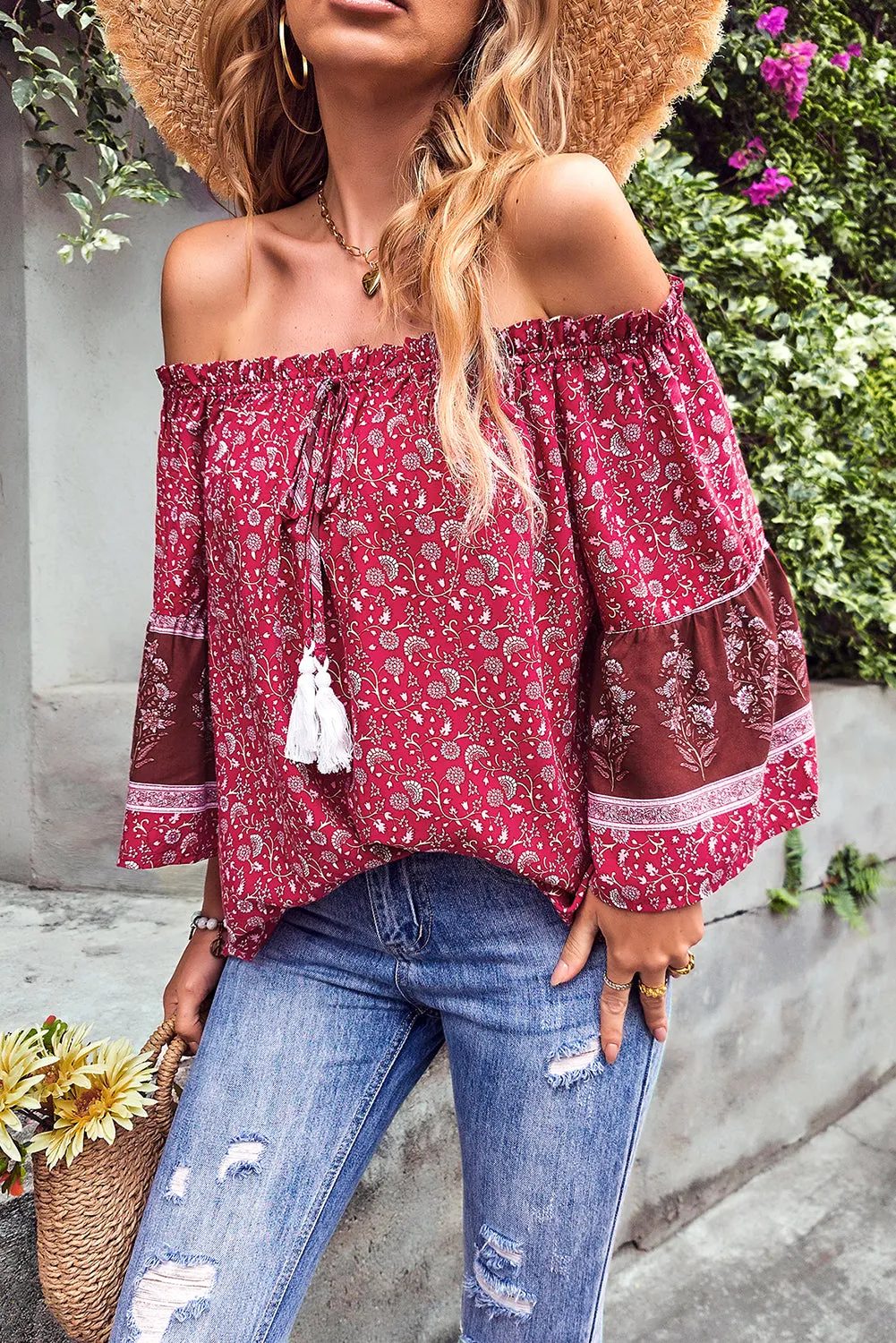 Boho Off-shoulder Floral Print Blouse