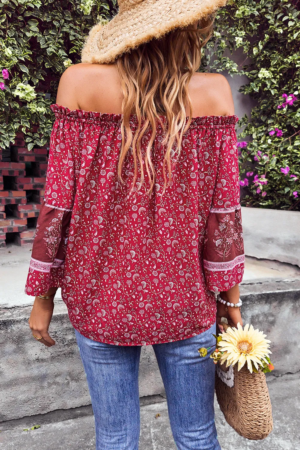 Boho Off-shoulder Floral Print Blouse