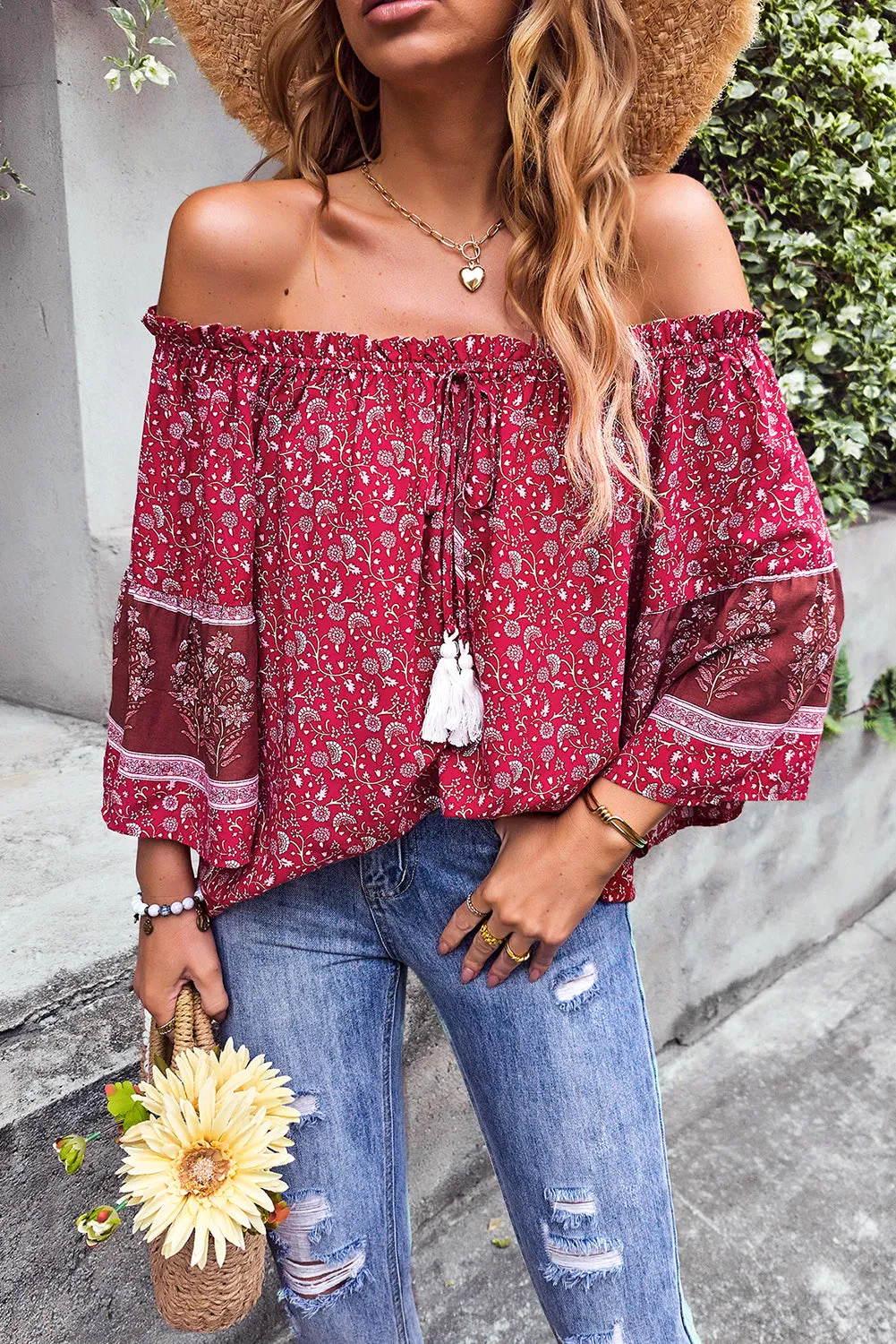 Boho Off-shoulder Floral Print Blouse