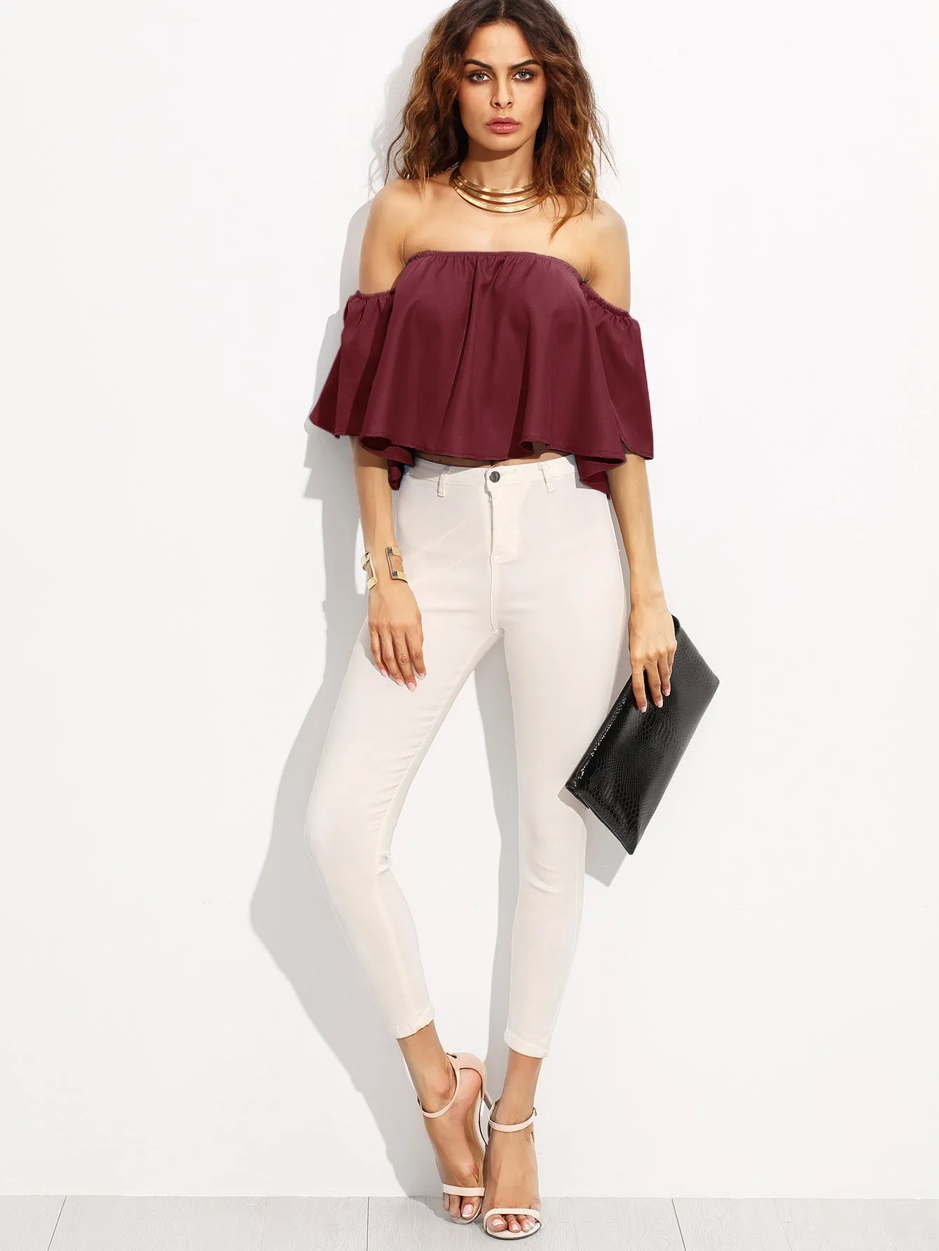 Burgundy Shirred Off The Shoulder Top