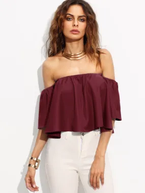 Burgundy Shirred Off The Shoulder Top