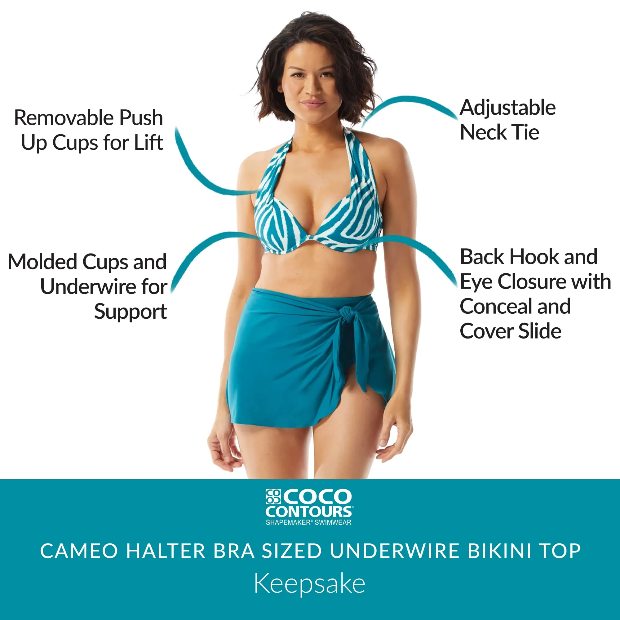 Coco Contours Cameo Halter Bra Sized Underwire Push Up Bikini Top — Teal Cove, 10/34D