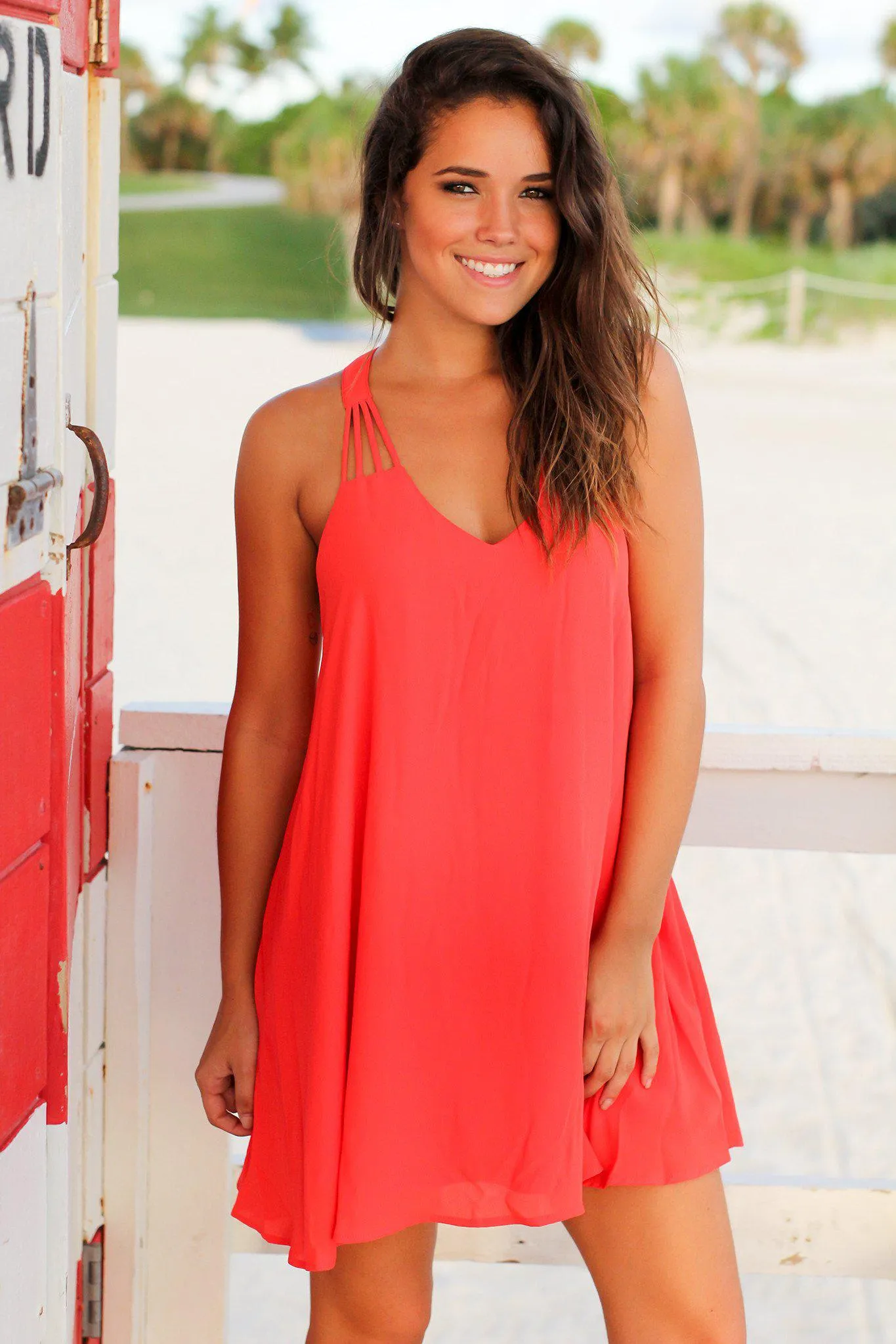 Coral Strappy Short Dress