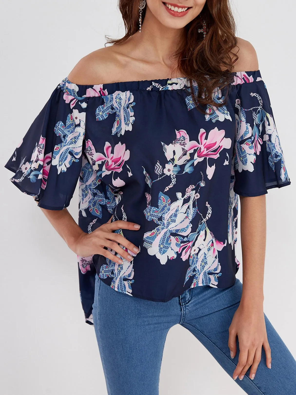 Custom Off The Shoulder Floral Print Half Sleeve Blouses