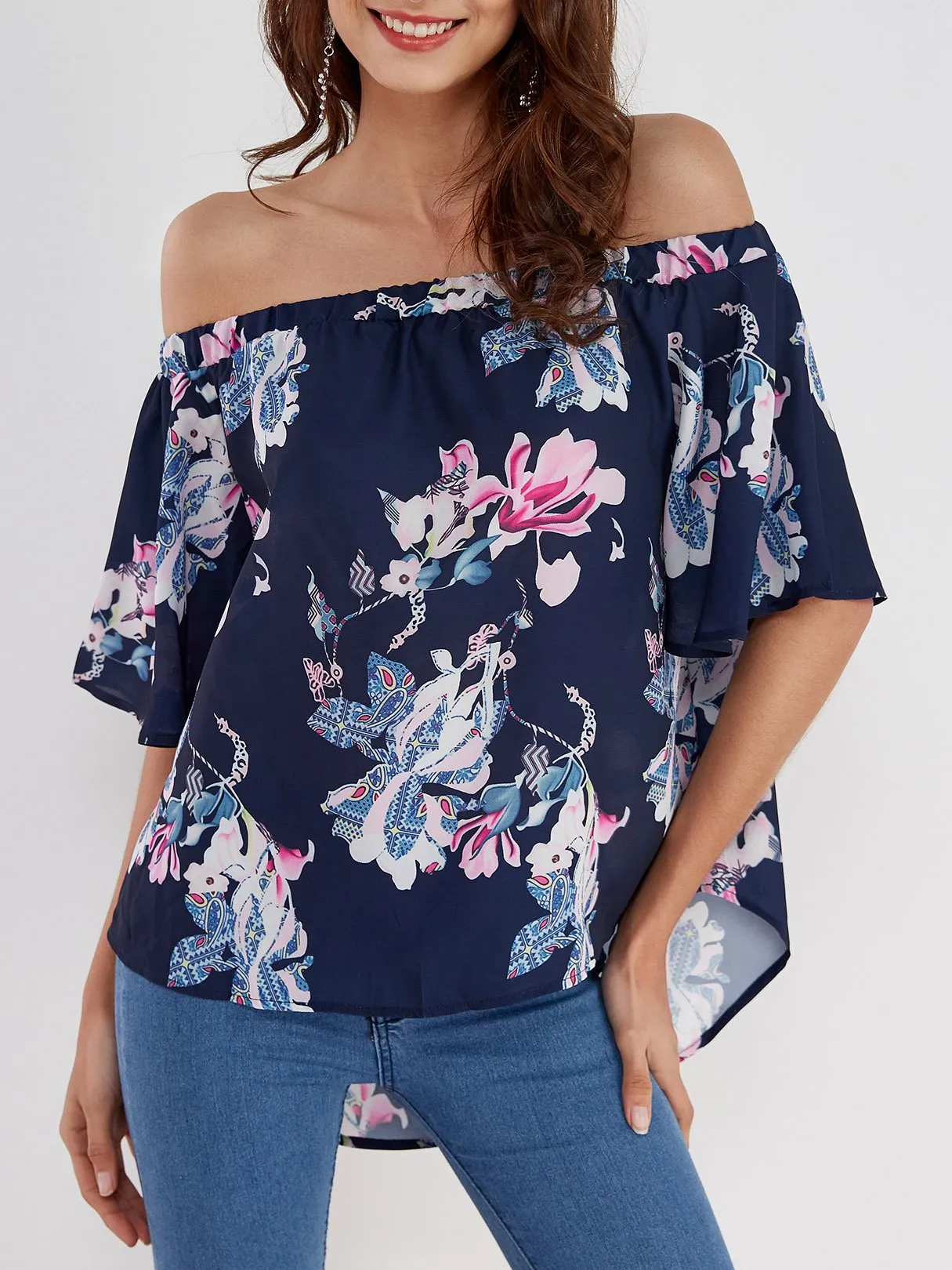 Custom Off The Shoulder Floral Print Half Sleeve Blouses