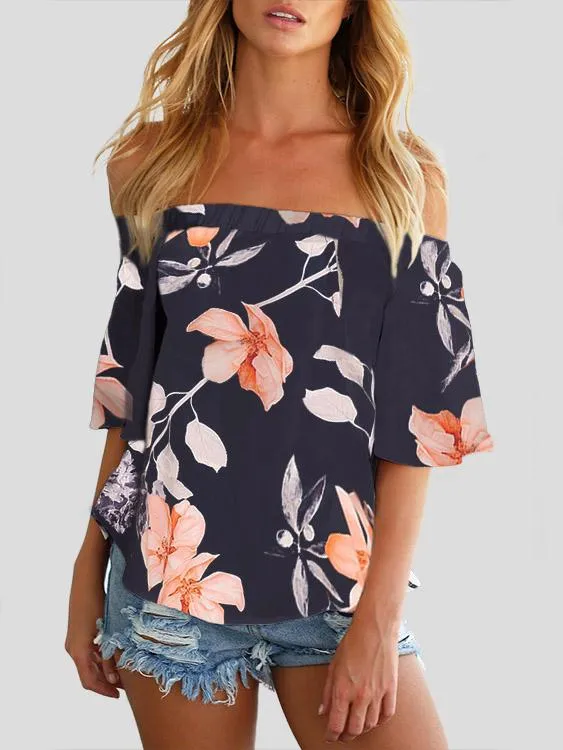 Custom Off The Shoulder Floral Print Half Sleeve Blouses