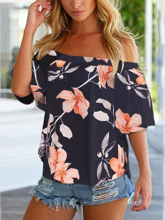 Custom Off The Shoulder Floral Print Half Sleeve Blouses