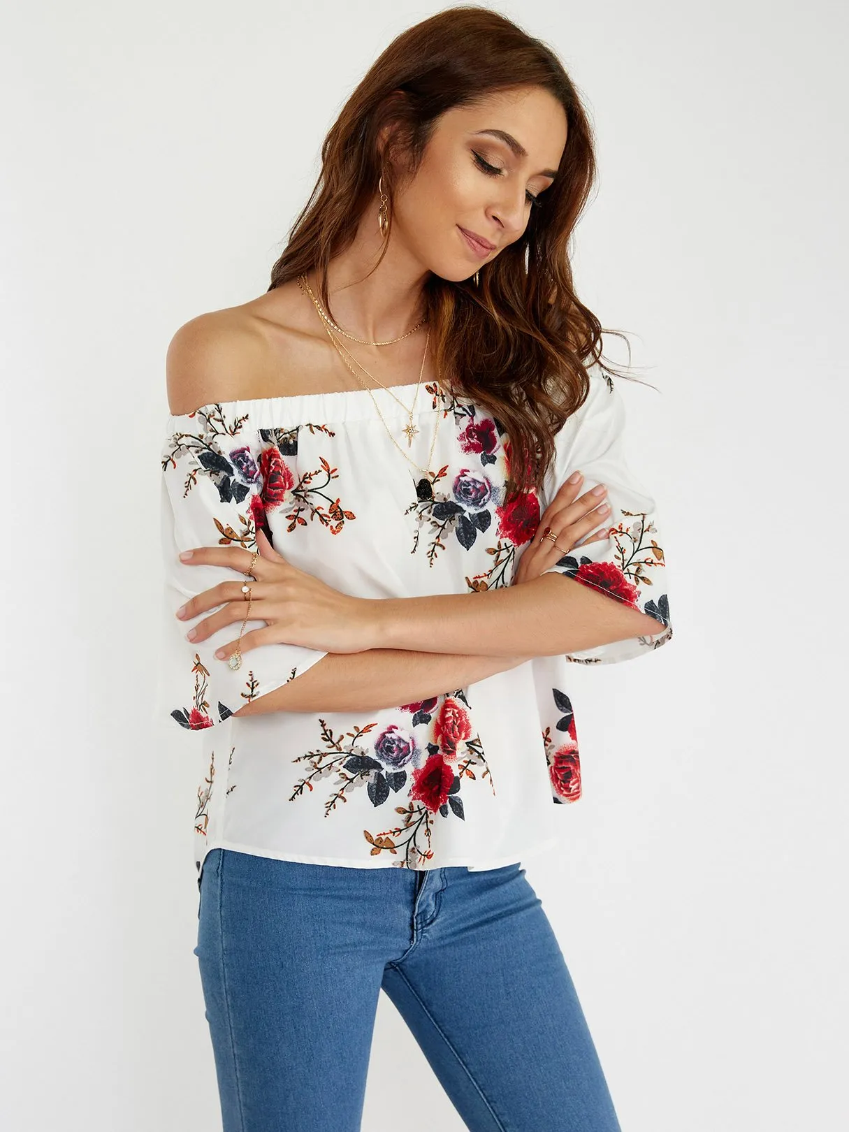 Custom Off The Shoulder Floral Print Half Sleeve Blouses