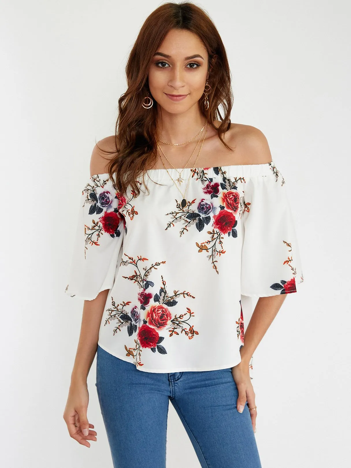 Custom Off The Shoulder Floral Print Half Sleeve Blouses