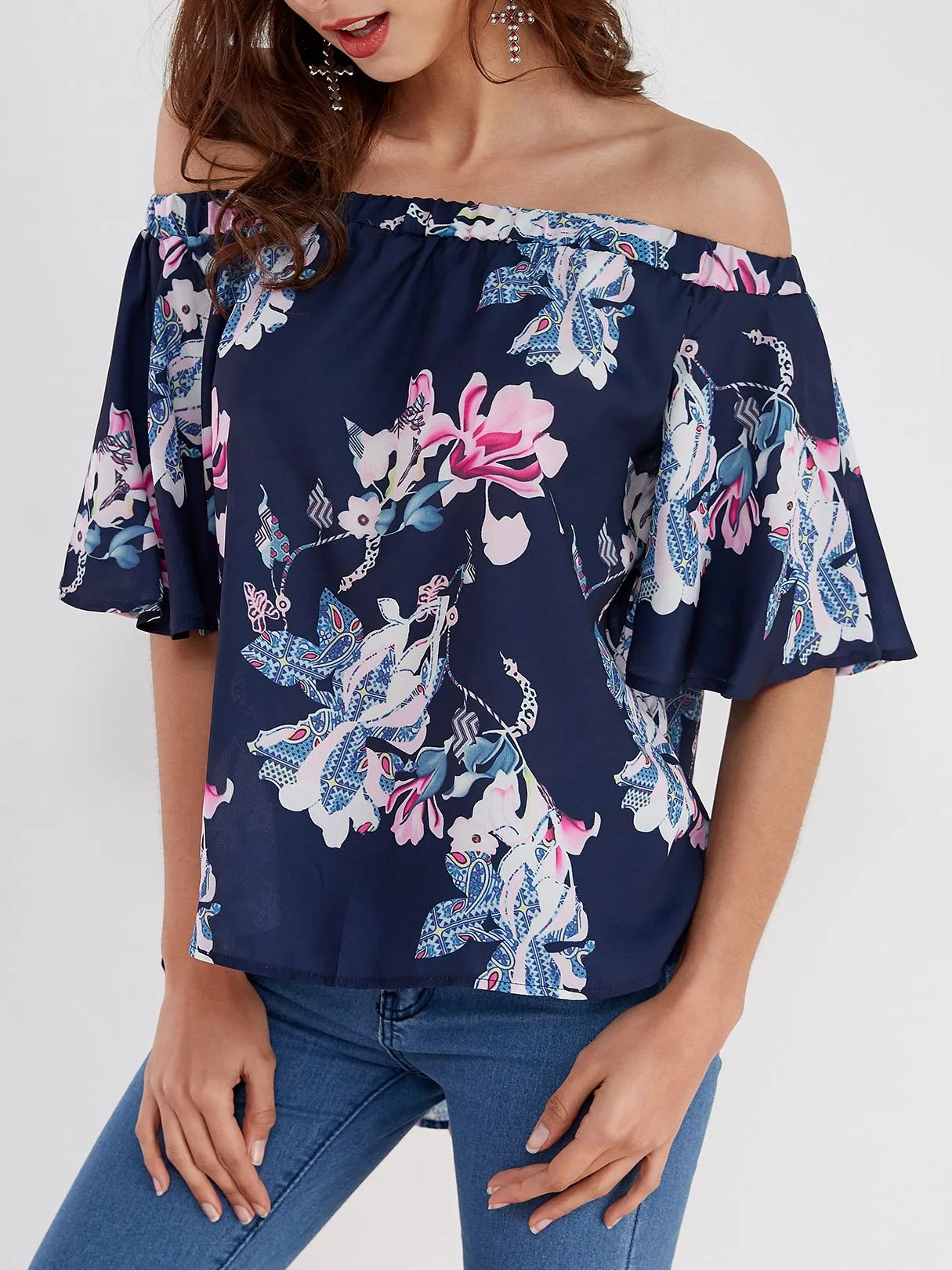 Custom Off The Shoulder Floral Print Half Sleeve Blouses