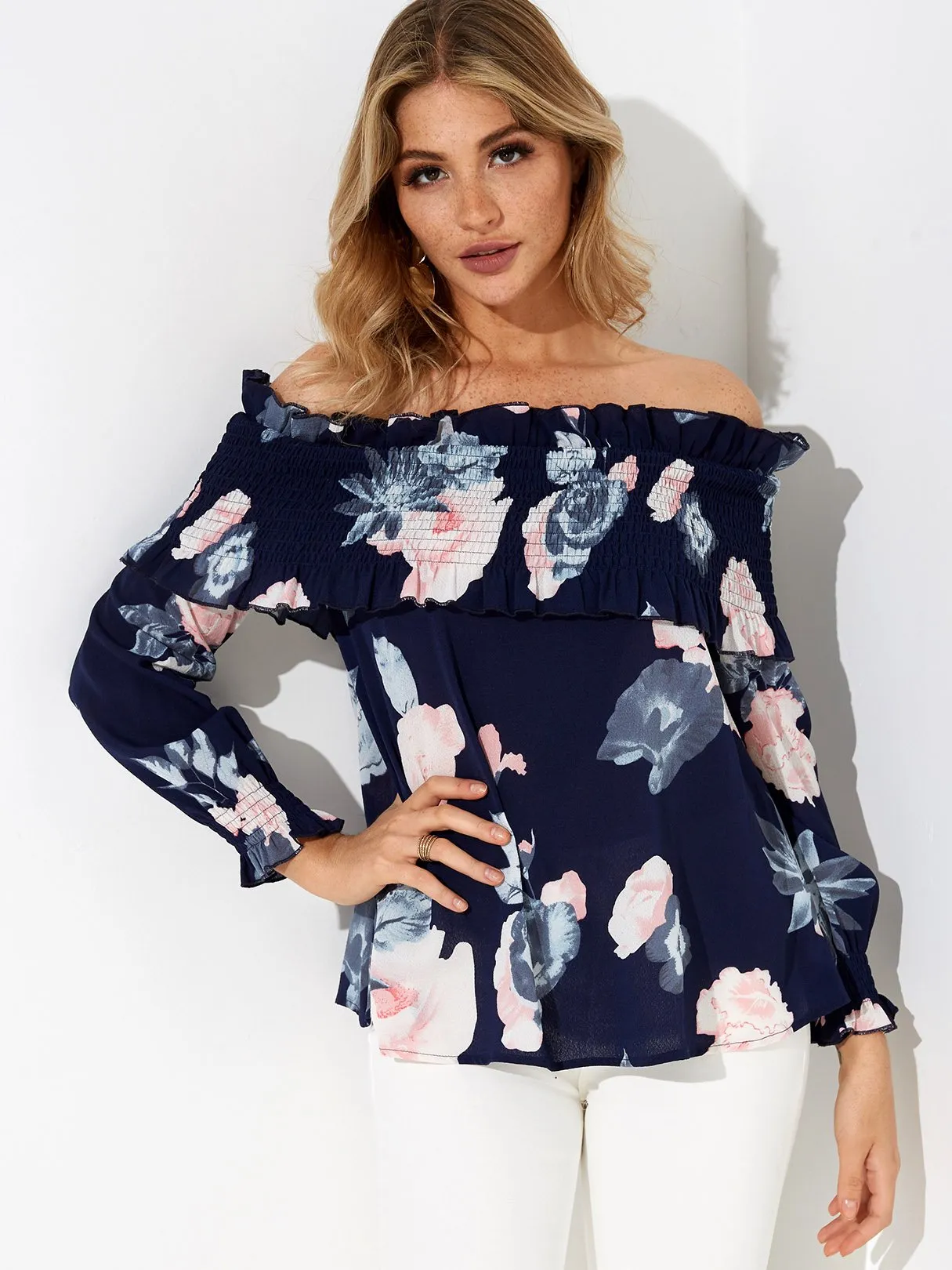 Custom Off The Shoulder Floral Print Long Sleeve Navy Blouse