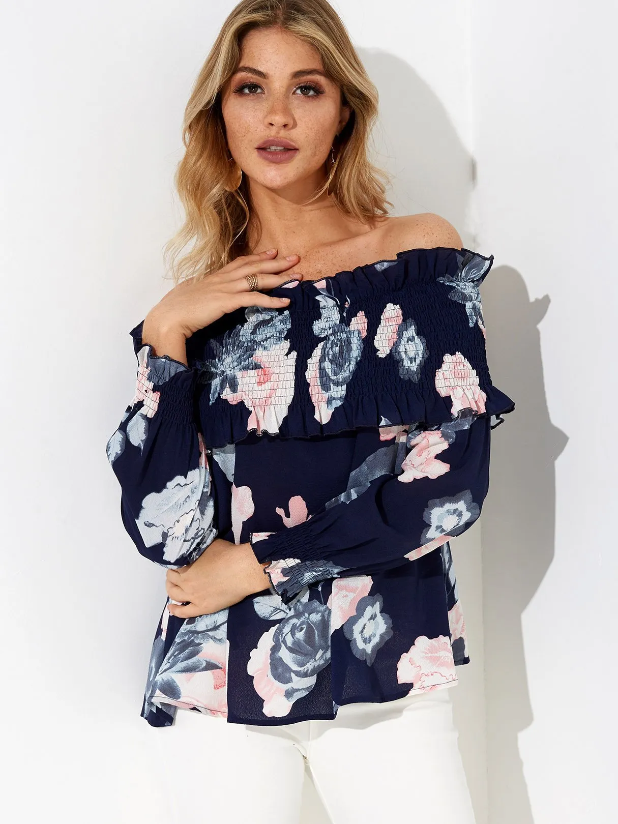 Custom Off The Shoulder Floral Print Long Sleeve Navy Blouse