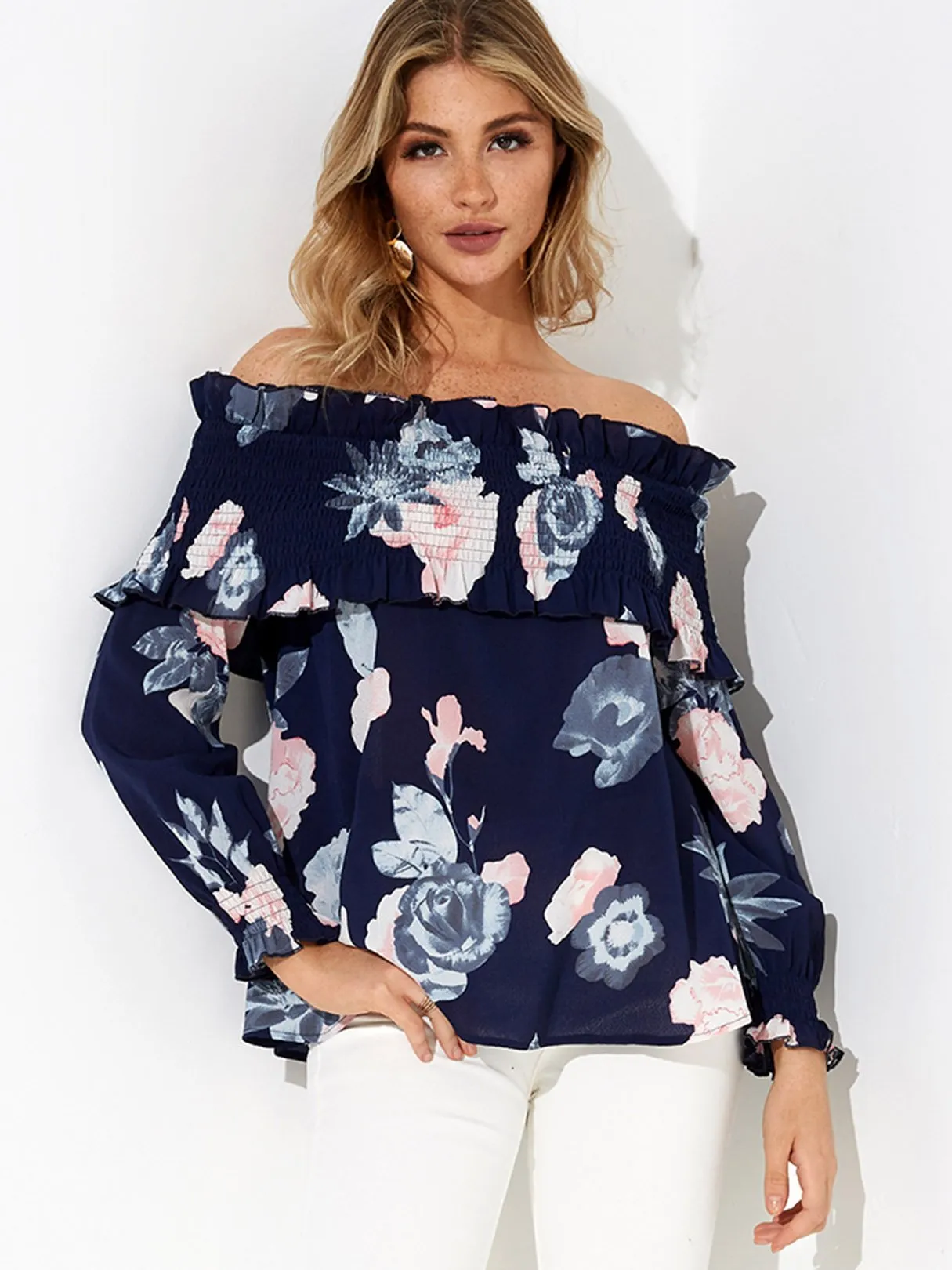 Custom Off The Shoulder Floral Print Long Sleeve Navy Blouse