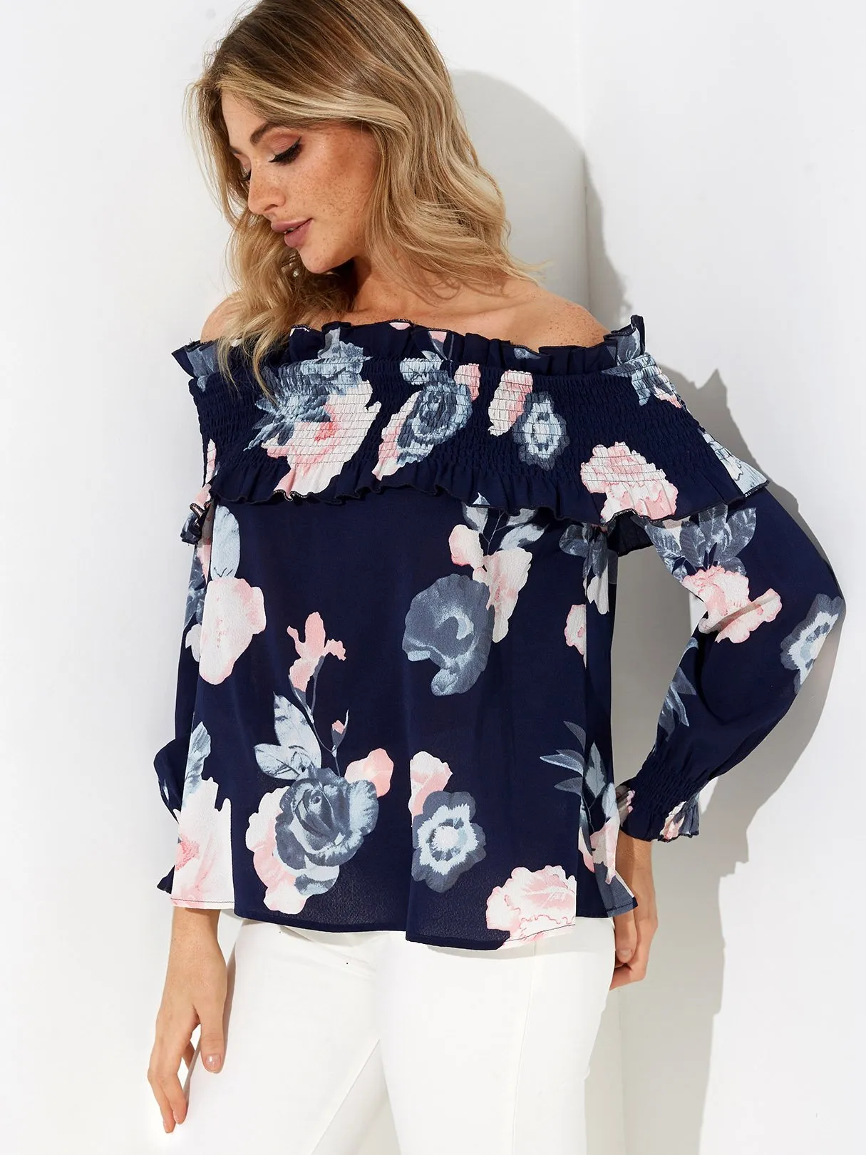 Custom Off The Shoulder Floral Print Long Sleeve Navy Blouse