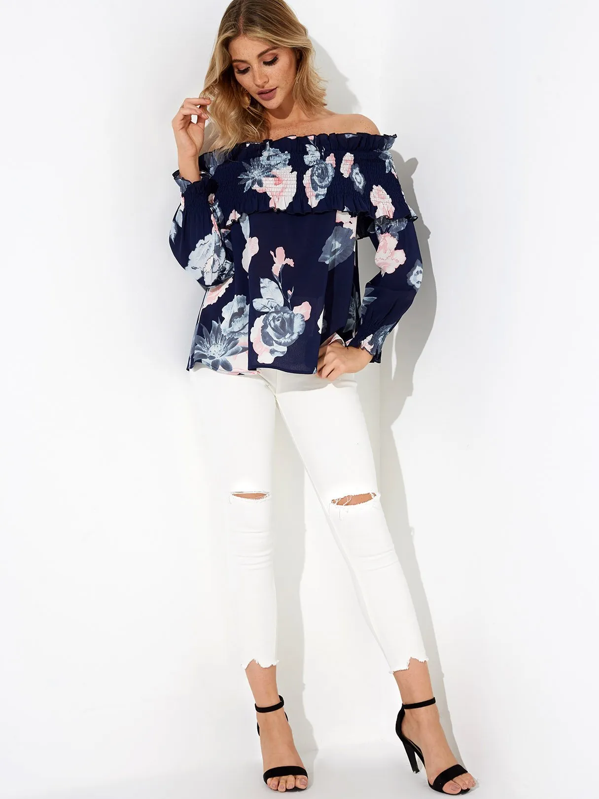 Custom Off The Shoulder Floral Print Long Sleeve Navy Blouse