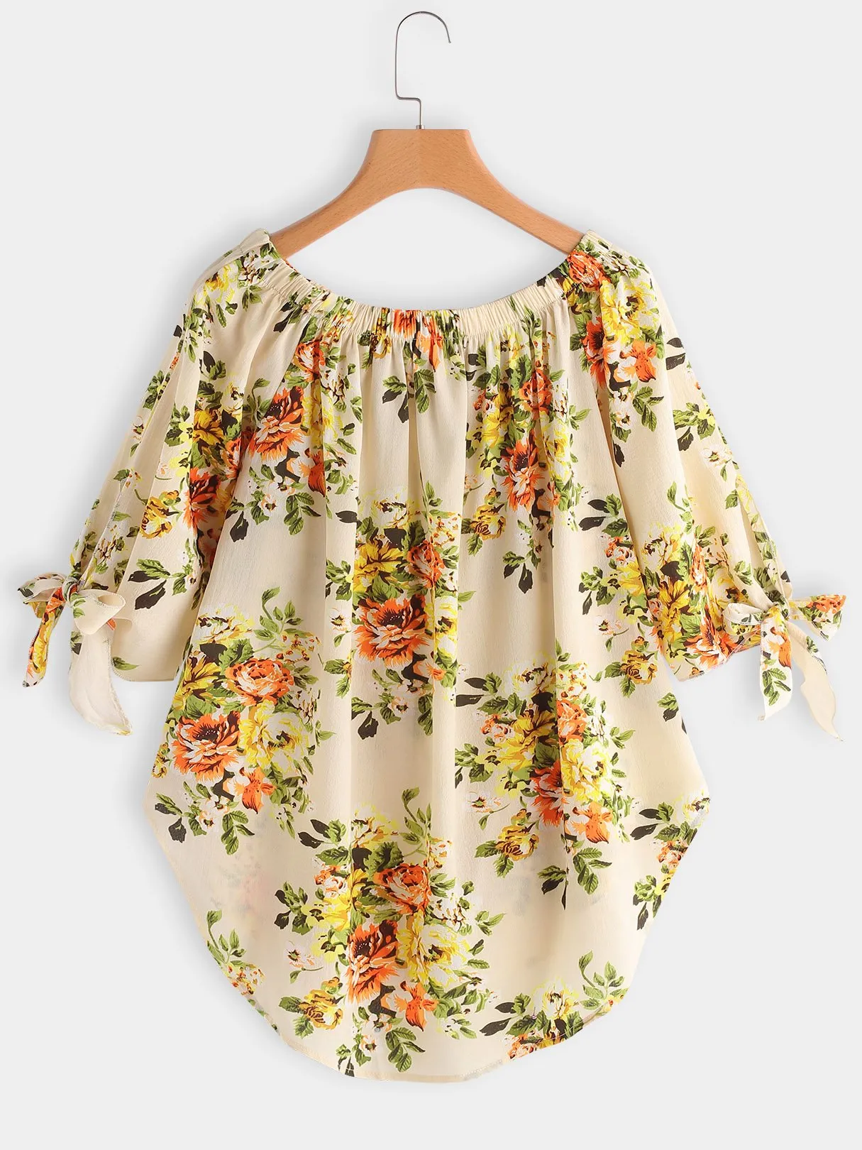 Custom Off The Shoulder Floral Print Self-Tie 3/4 Sleeve Curved Hem Blouses