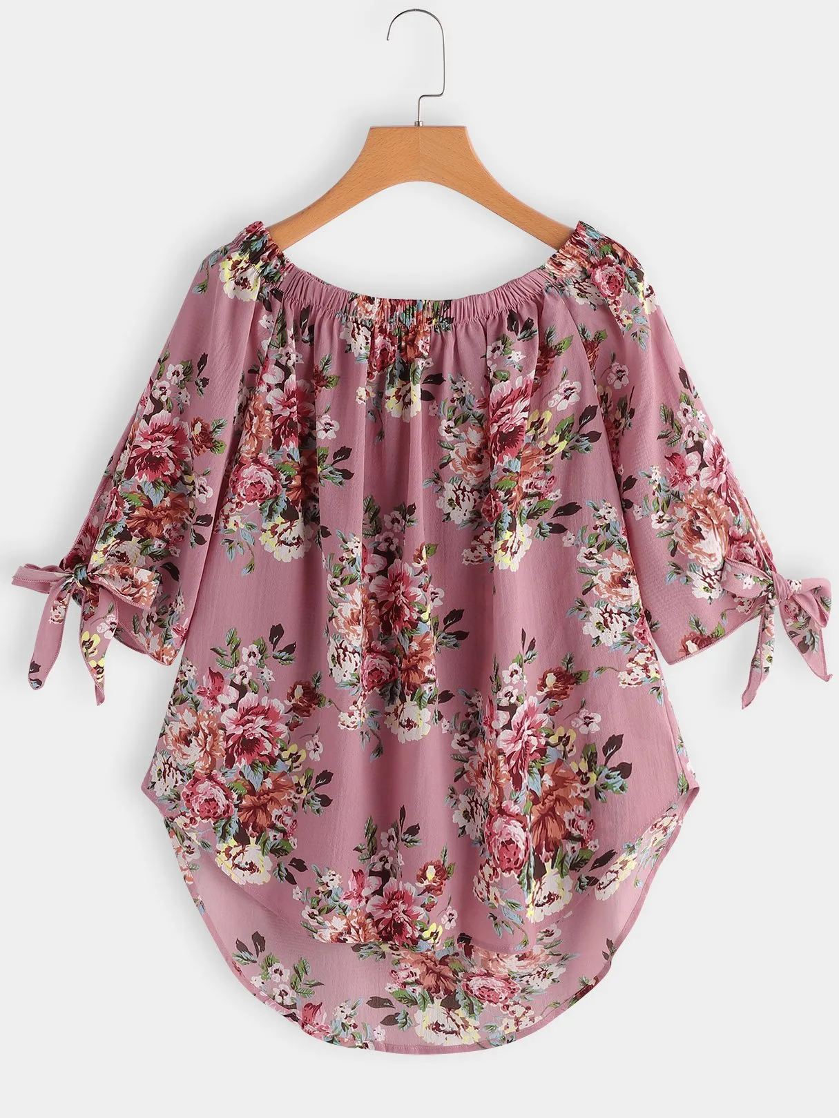 Custom Off The Shoulder Floral Print Self-Tie 3/4 Sleeve Curved Hem Blouses