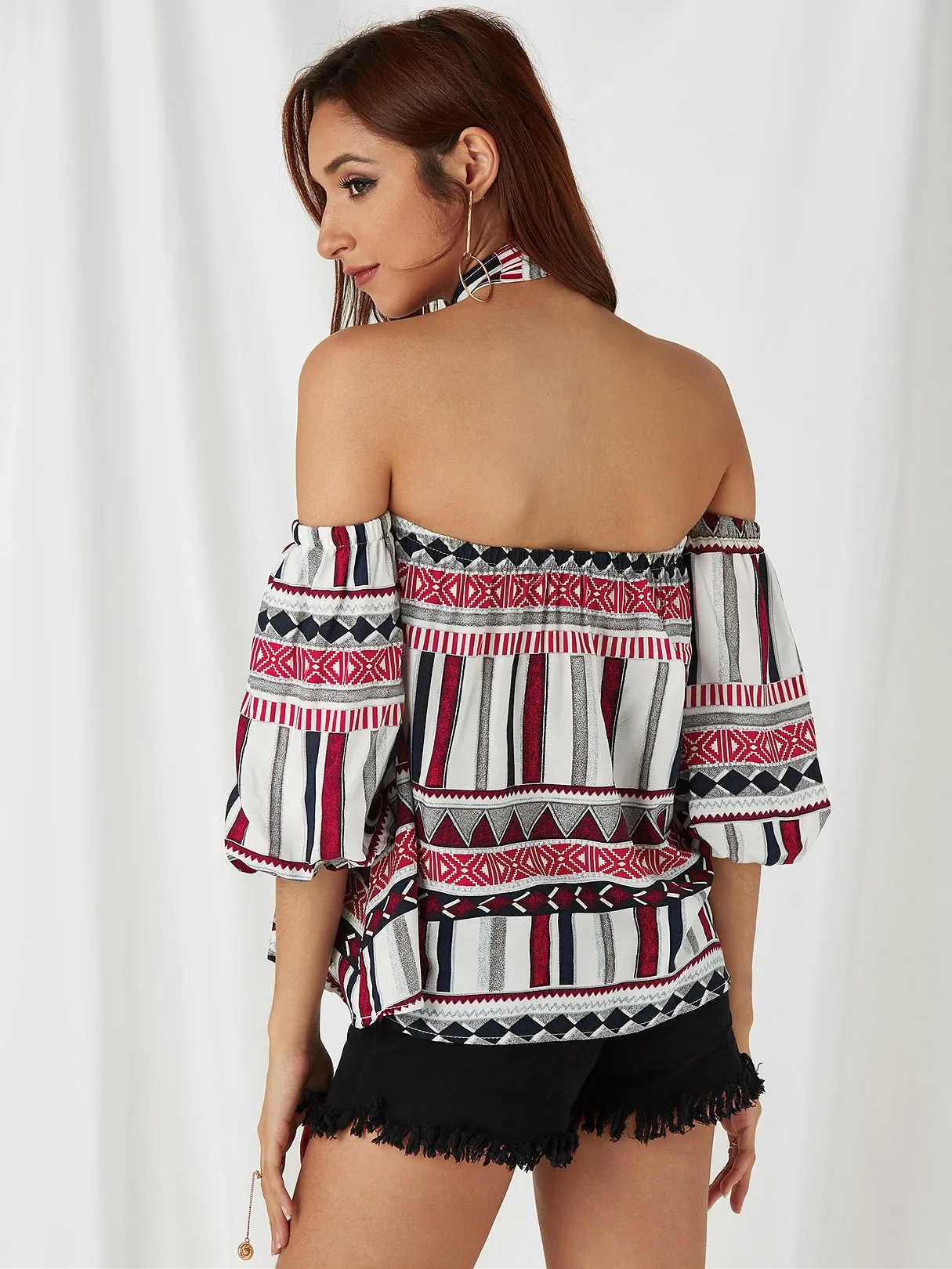 Custom Off The Shoulder Geometrical Half Sleeve White Top