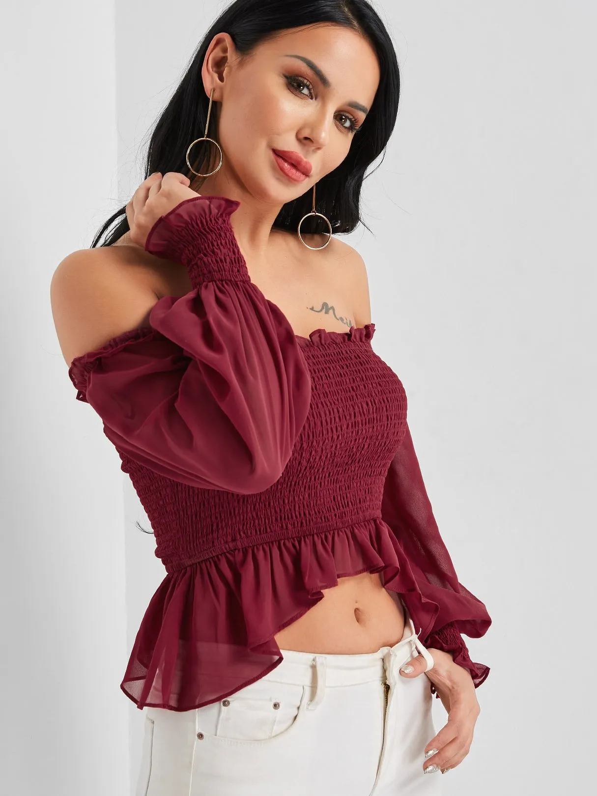 Custom Off The Shoulder Long Sleeve Ruffle Hem Burgundy Blouses