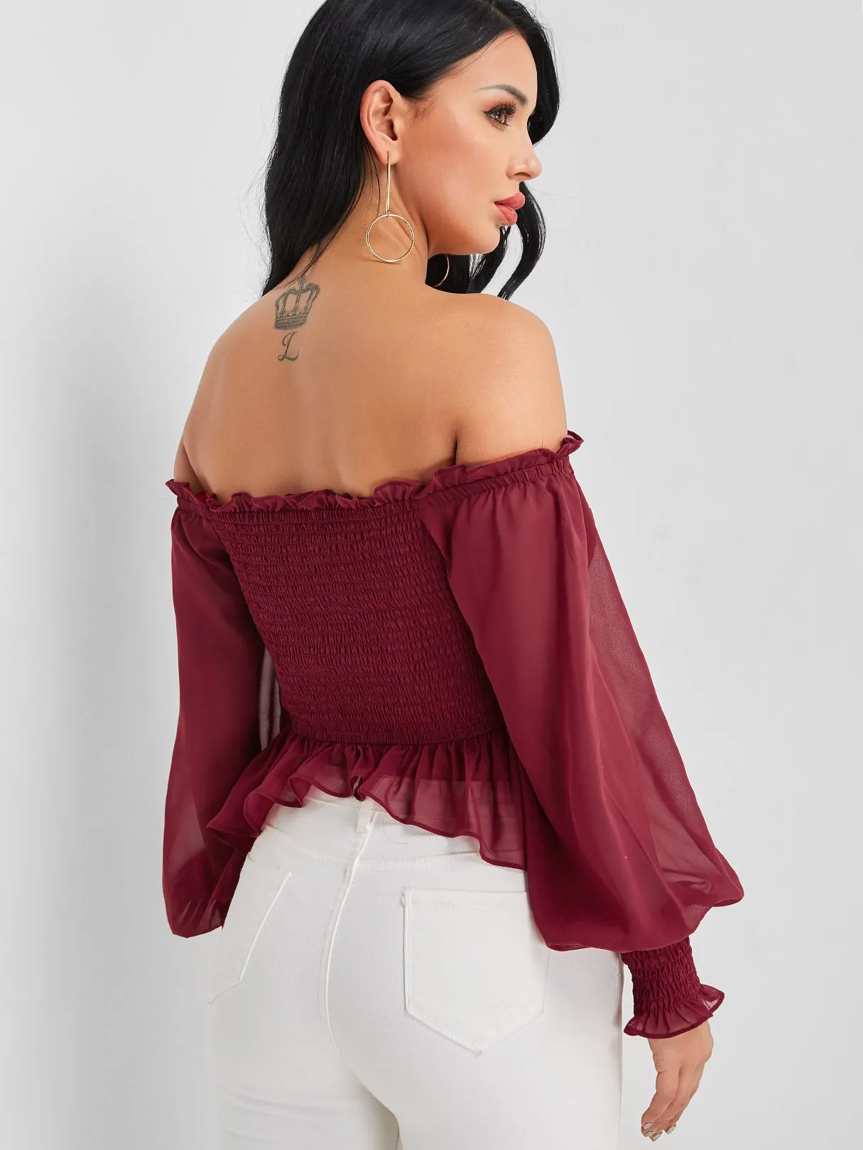 Custom Off The Shoulder Long Sleeve Ruffle Hem Burgundy Blouses