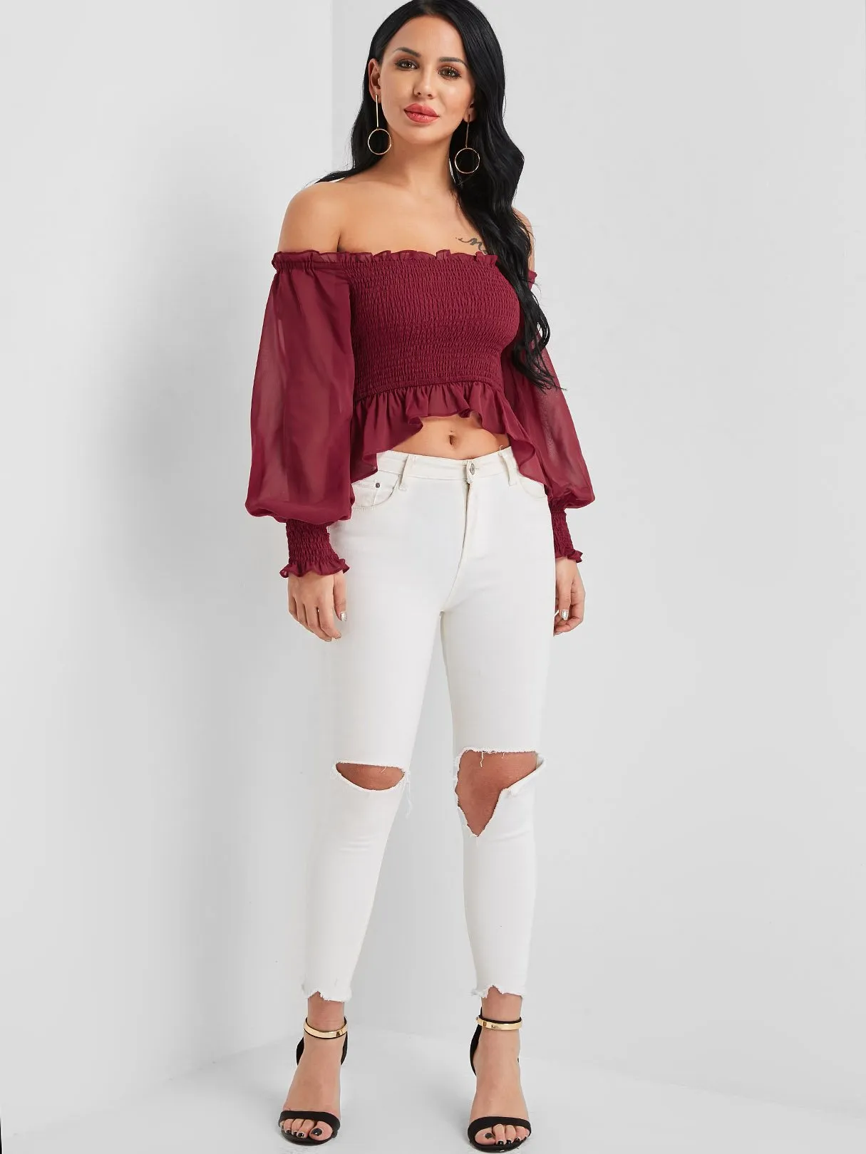 Custom Off The Shoulder Long Sleeve Ruffle Hem Burgundy Blouses