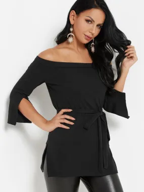 Custom Off The Shoulder Plain Slit Self-Tie Long Sleeve Blouses