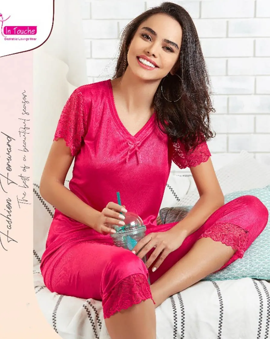 Dark Pink Satin Night Suits Set Nightwear for Woman