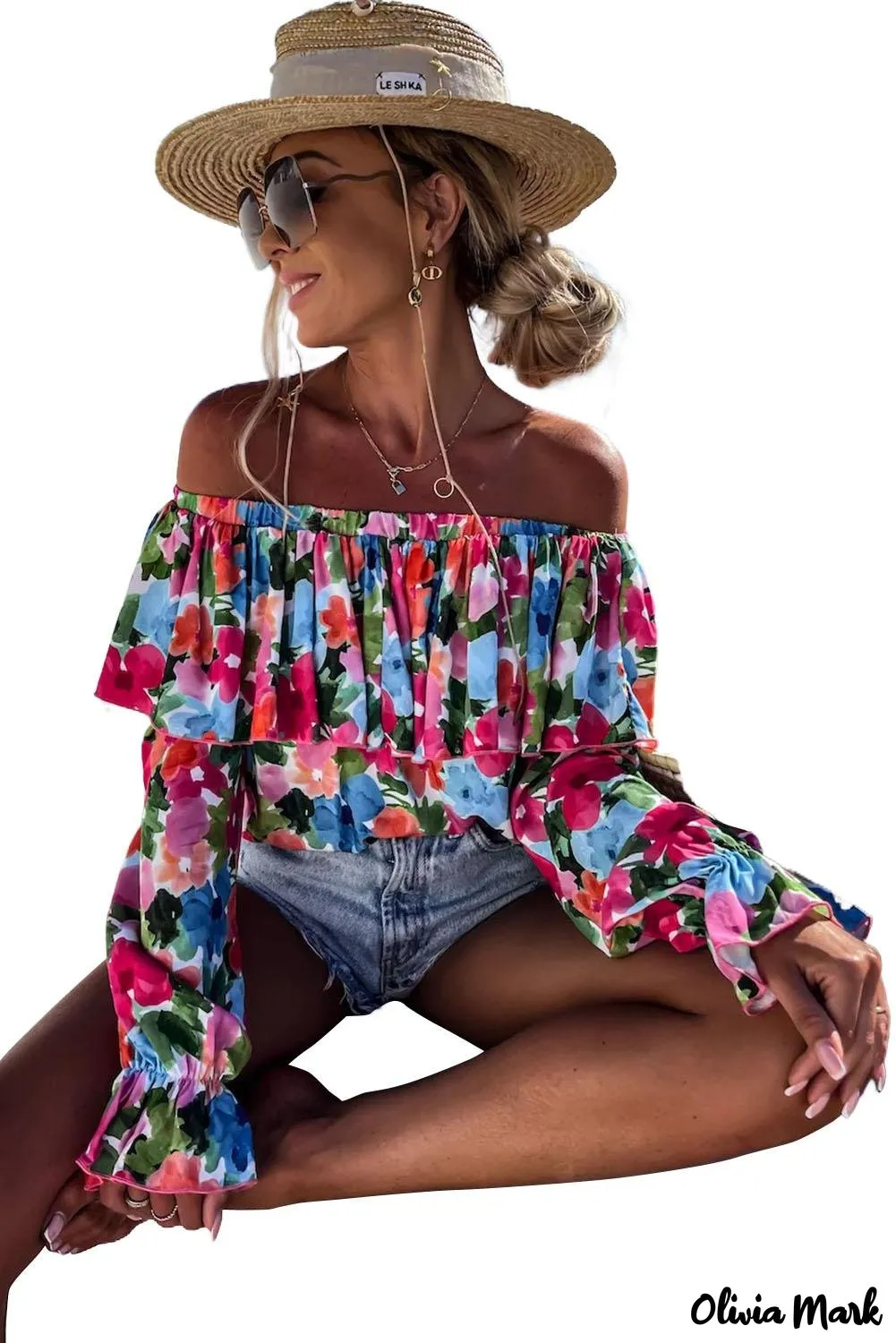 Deanwangkt - Off-the-shoulder blouse with ruffles in a floral print