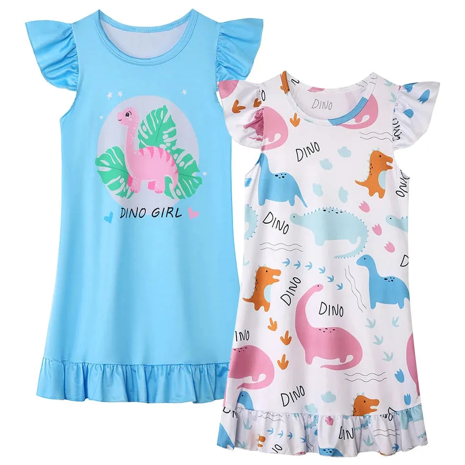 Dinosaur-Themed Girls Summer Sleep Dress Short Sleeve Soft and Breathable Ideal Children Comfort Nightgowns Children Clothing