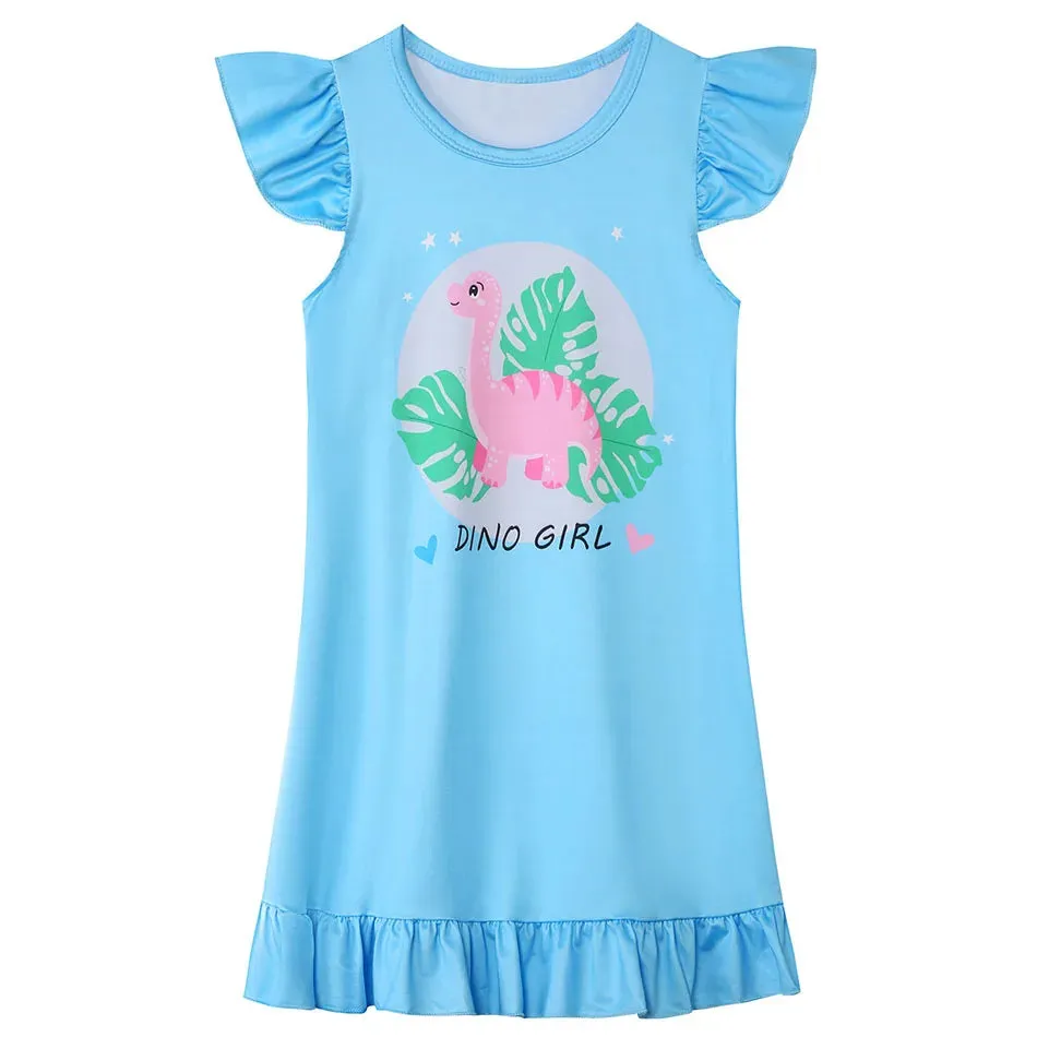 Dinosaur-Themed Girls Summer Sleep Dress Short Sleeve Soft and Breathable Ideal Children Comfort Nightgowns Children Clothing