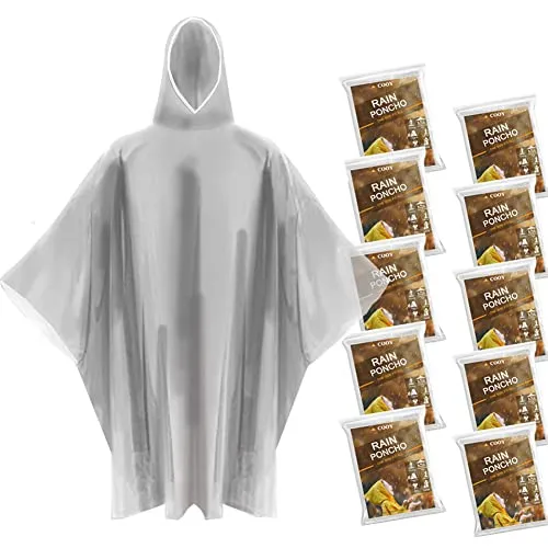 Disposable Rain Ponchos with Hood - 10Pk - Clear