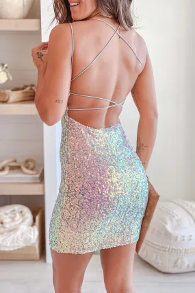 Dusty Blue Sequined Short Dress With Strappy Back