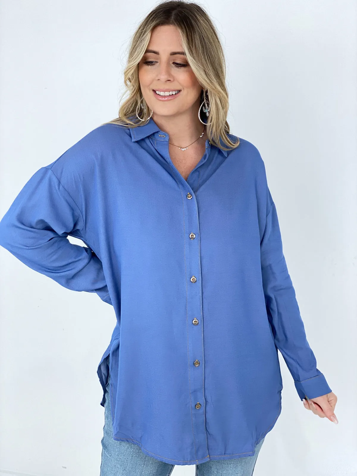 Easel "Twisted Tunic" Solid Button Down Tunic Shirt**