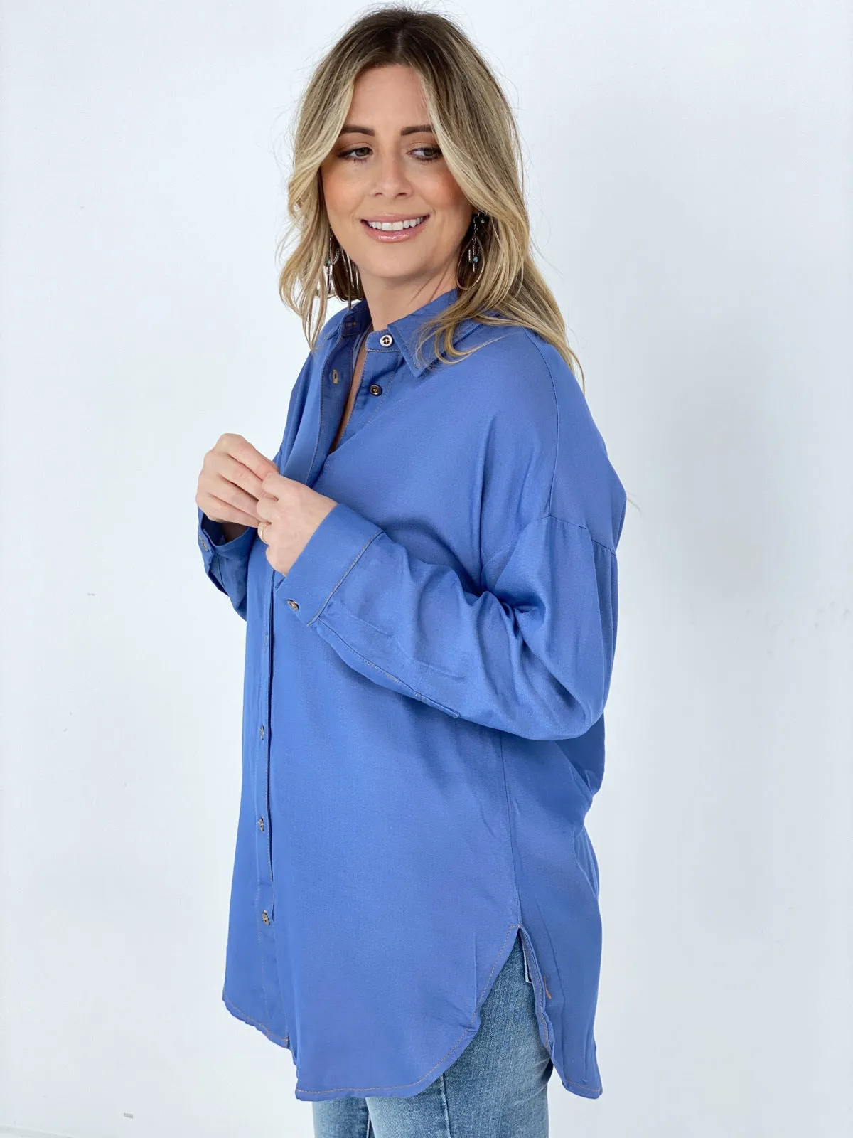 Easel "Twisted Tunic" Solid Button Down Tunic Shirt**