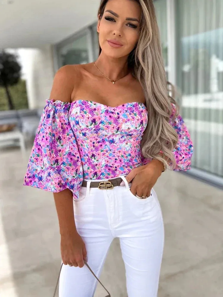 Elegant Floral Backless Off Shoulder White Blouse