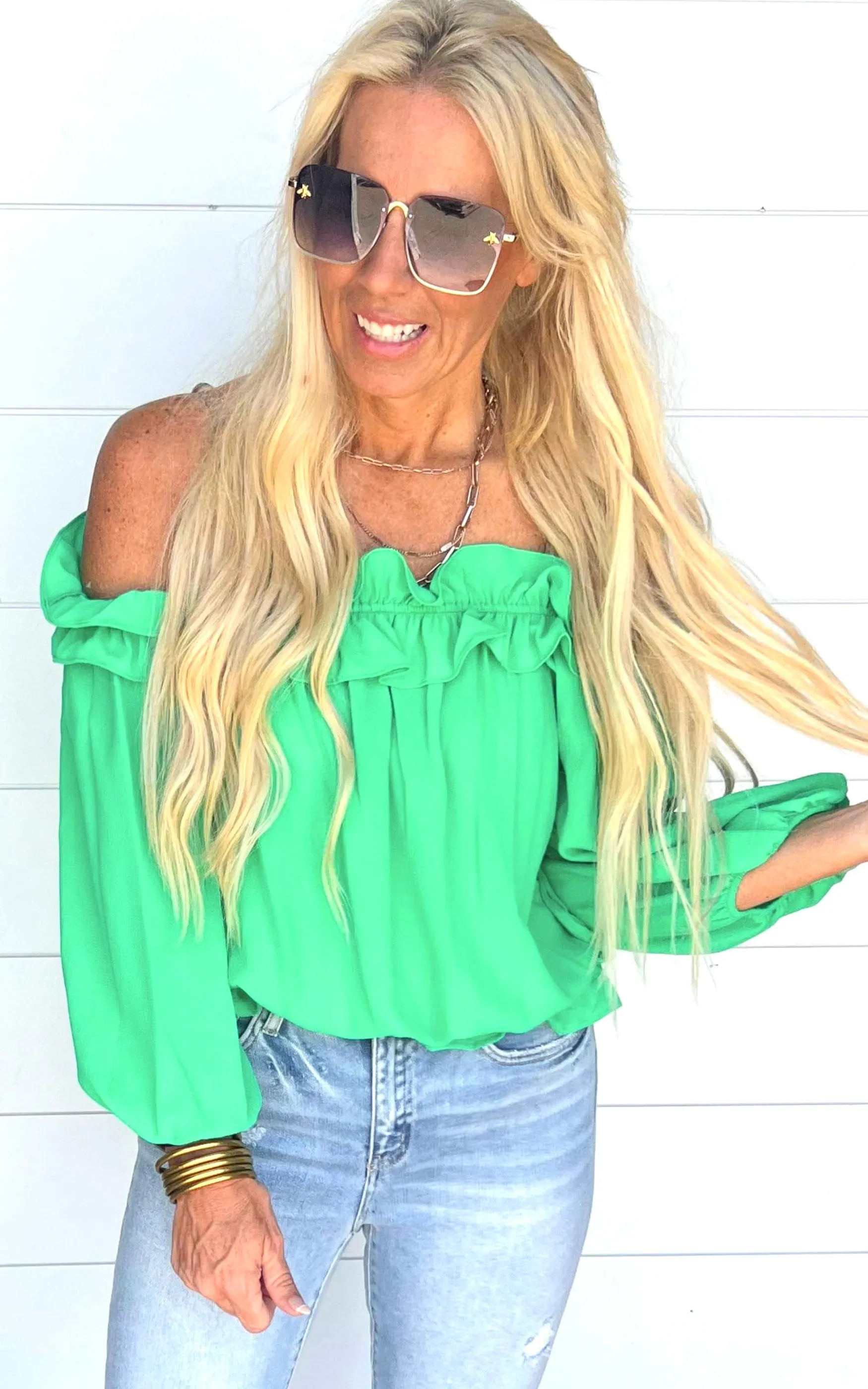 Emerald Ruffle Off the Shoulder Top