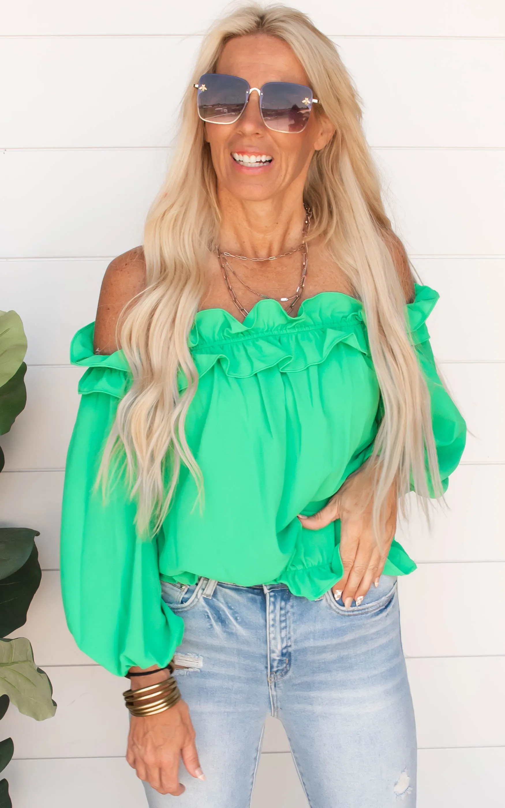 Emerald Ruffle Off the Shoulder Top