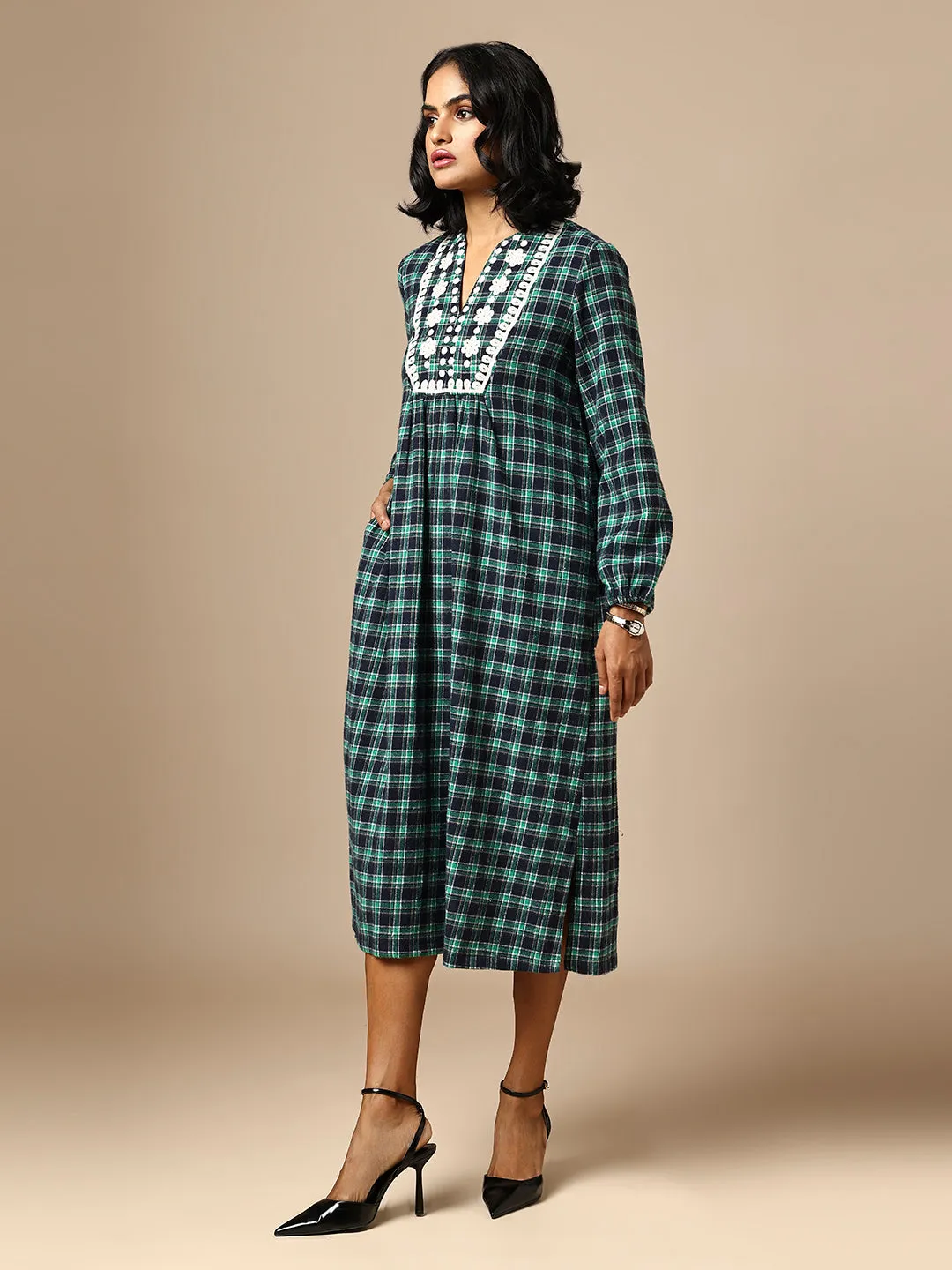 FLANNEL CHECKERED EMBROIDERED TUNIC DRESS