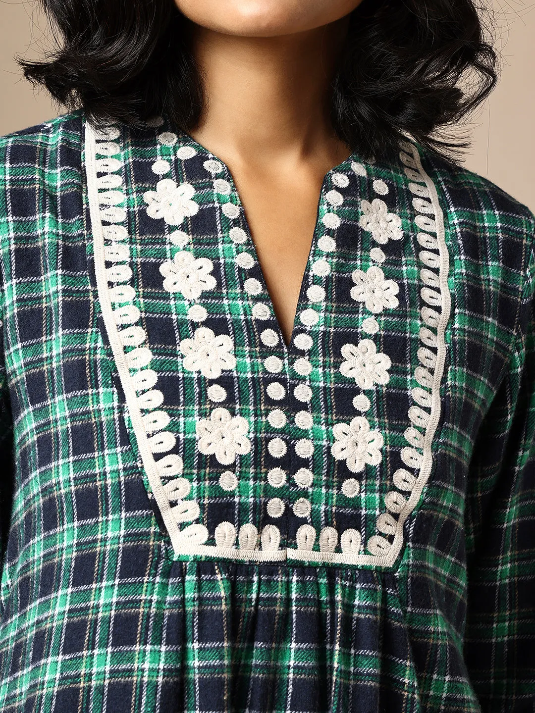 FLANNEL CHECKERED EMBROIDERED TUNIC DRESS